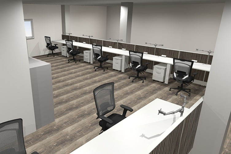 office space planning rendering of workspaces